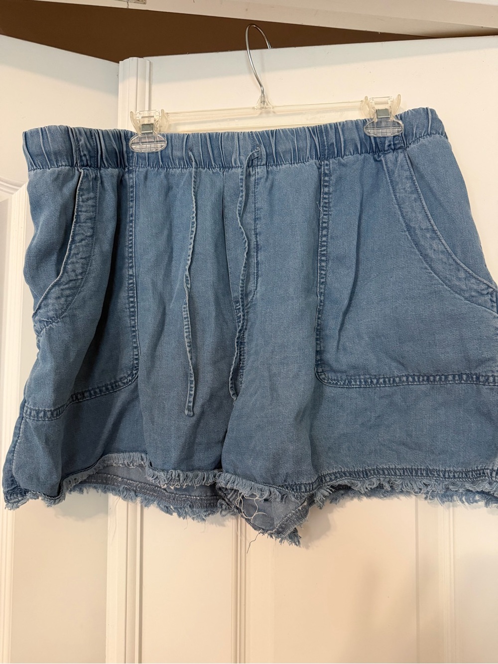 Time and Tru Light Blue Denim Drawstring Frayed Hem Shorts